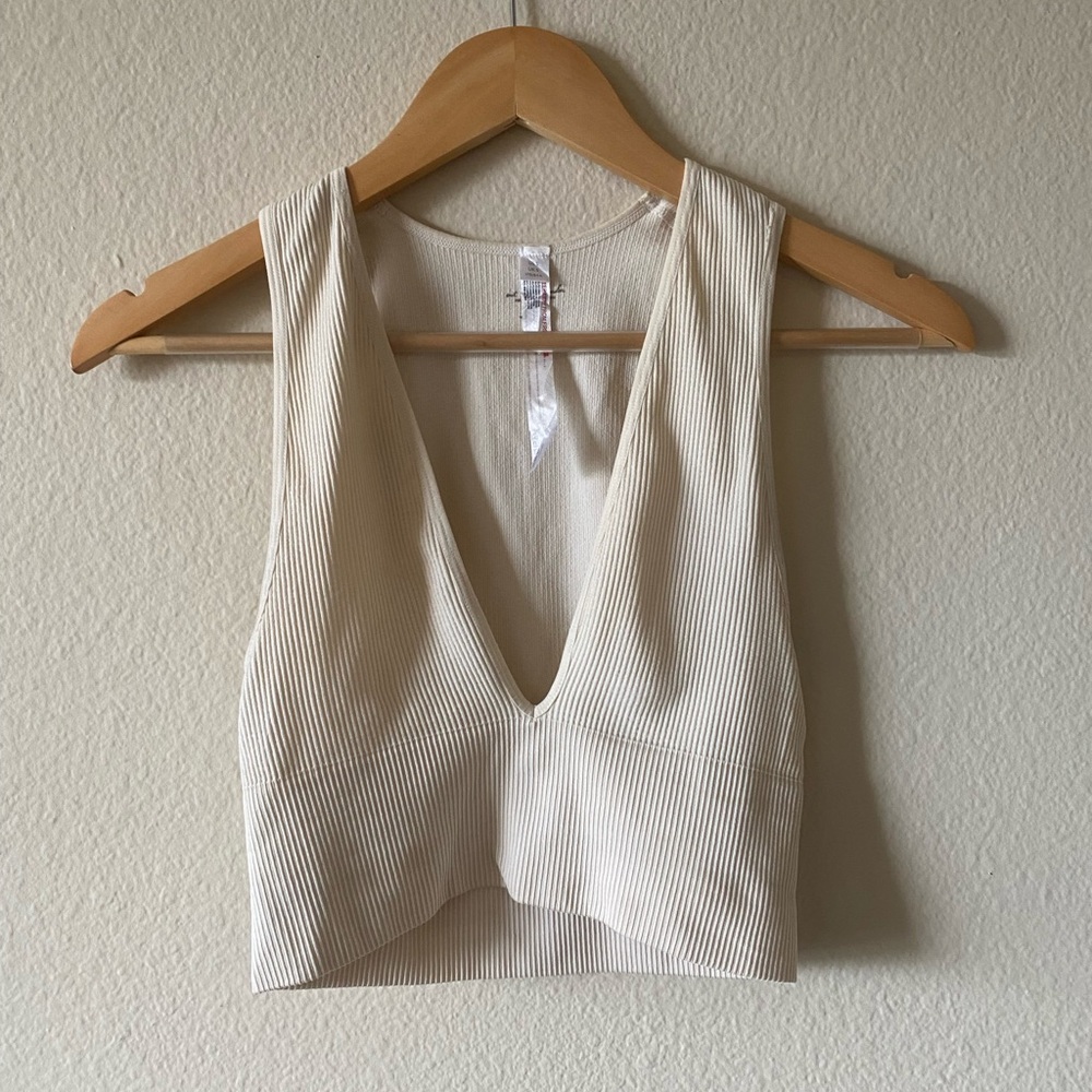 UO cream white plunge v-neck ribbed top